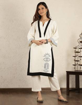 Off-white embroidered cotton linen suit – set of 2 1