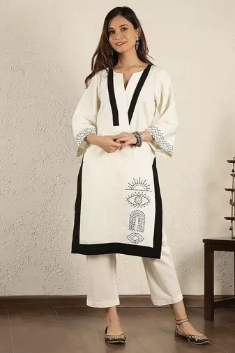 Off-white embroidered cotton linen suit – set of 2