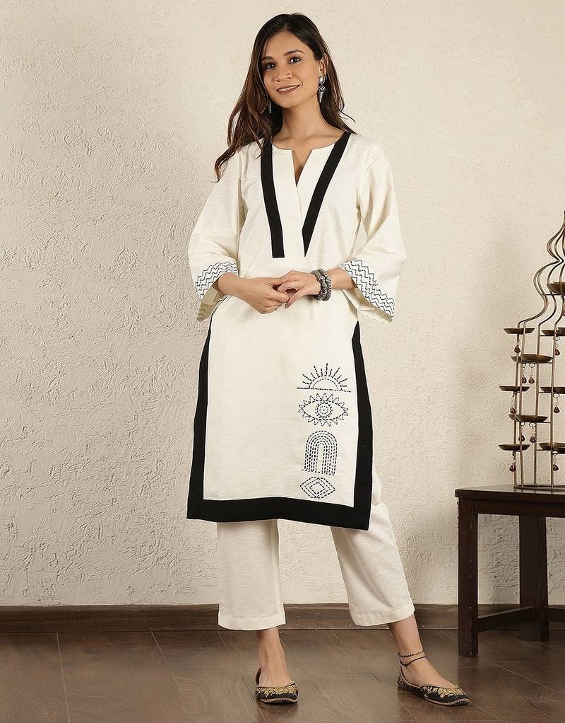 Off-white embroidered cotton linen suit – set of 2