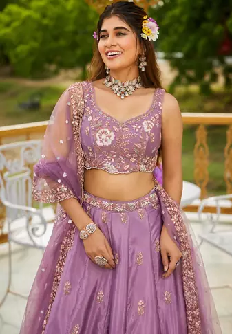 Women's Lavender Zari Sequence Embroidery Work Lehenga Choli