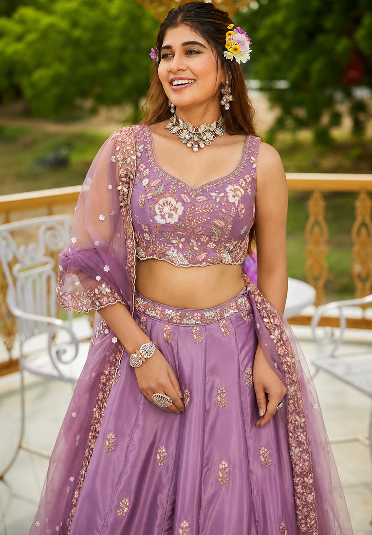 Women's Lavender Zari Sequence Embroidery Work Lehenga Choli