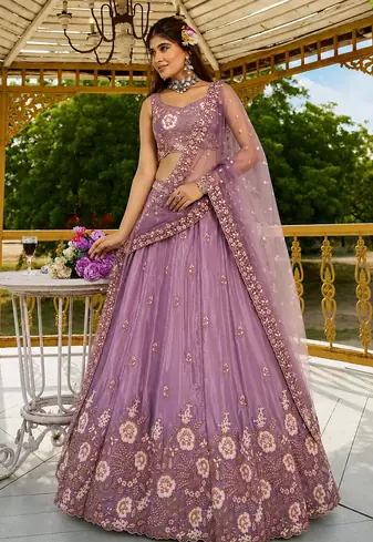 Women's Lavender Zari Sequence Embroidery Work Lehenga Choli