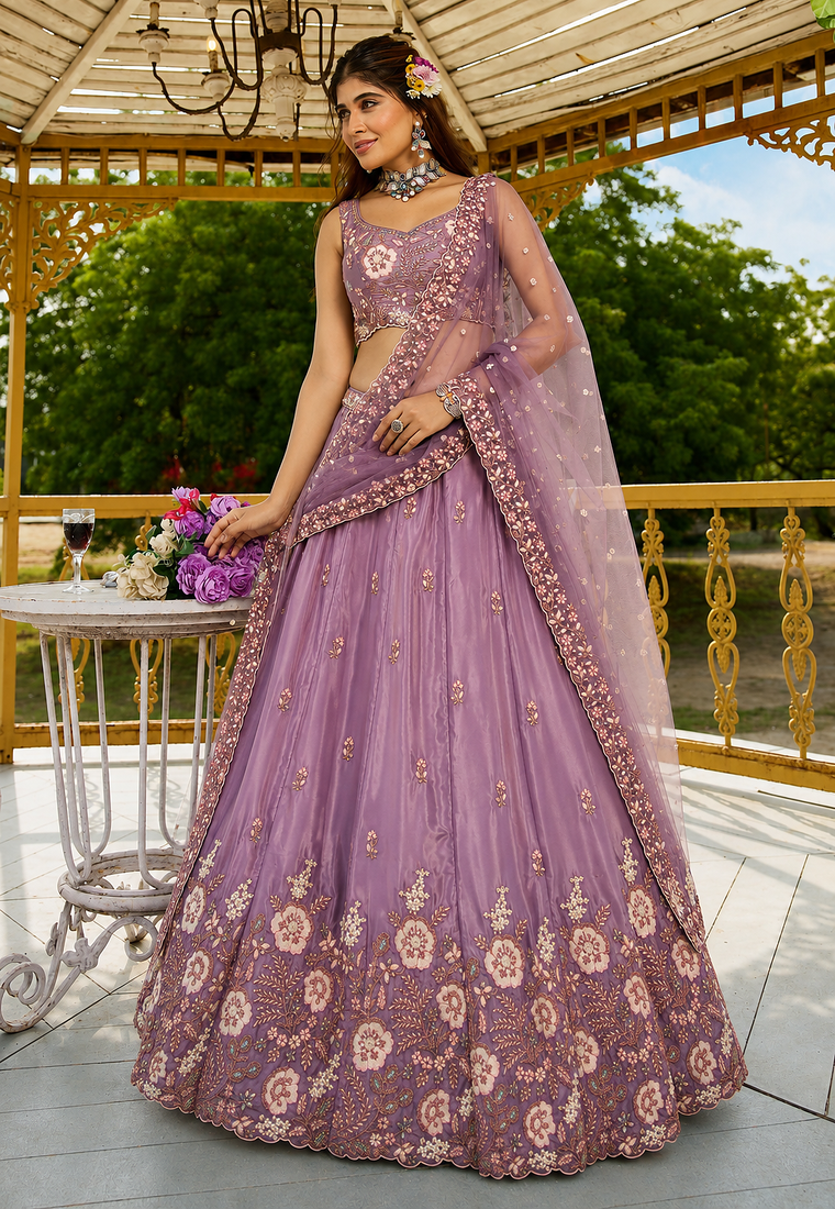 Women's Lavender Zari Sequence Embroidery Work Lehenga Choli