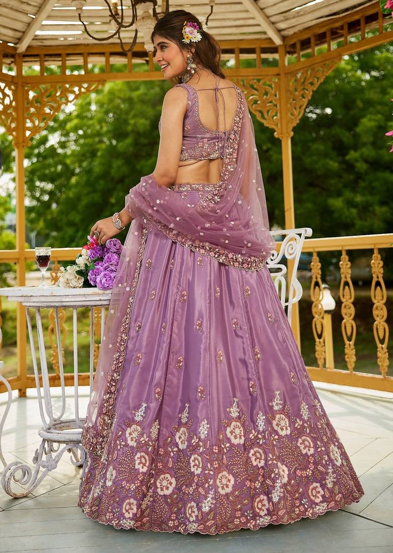 Women's Lavender Zari Sequence Embroidery Work Lehenga Choli