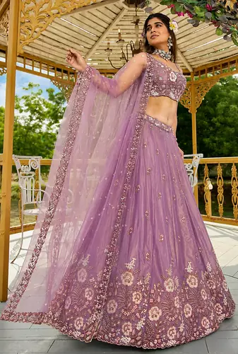 Women's Lavender Zari Sequence Embroidery Work Lehenga Choli