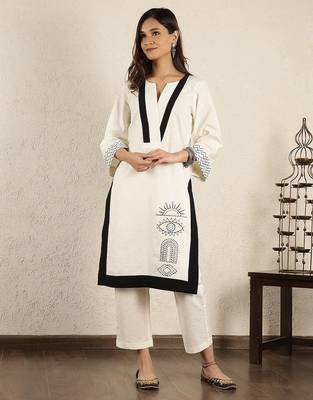 Off-white embroidered cotton linen suit – set of 2 2