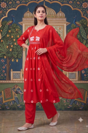 elephant embroidery bandhani kurti set with dupatta