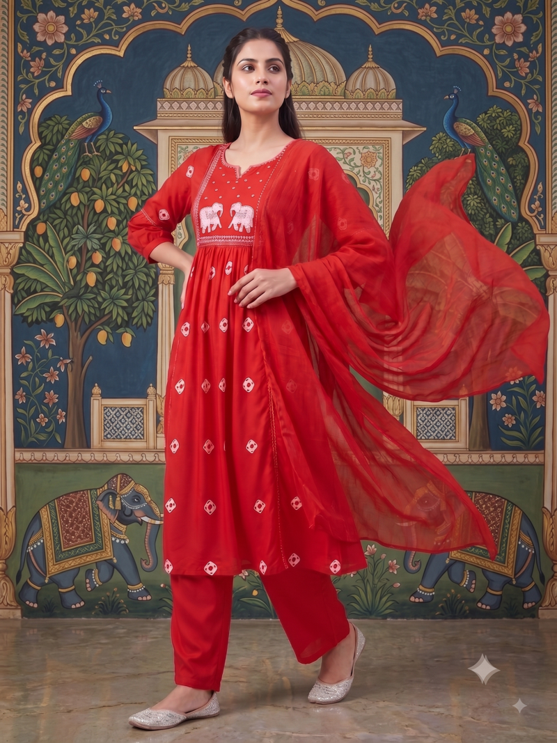 elephant embroidery bandhani kurti set with dupatta