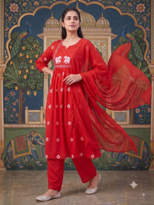 elephant embroidery bandhani kurti set with dupatta 1