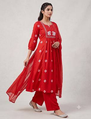 Elephant embroidery bandhani kurti set with dupatta 1