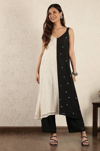 black & white colorblock  chanderi suit set