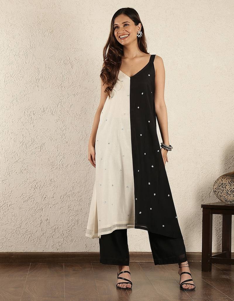 Black & white colorblock  chanderi suit set