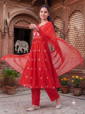 elephant embroidery bandhani kurti set with dupatta 2