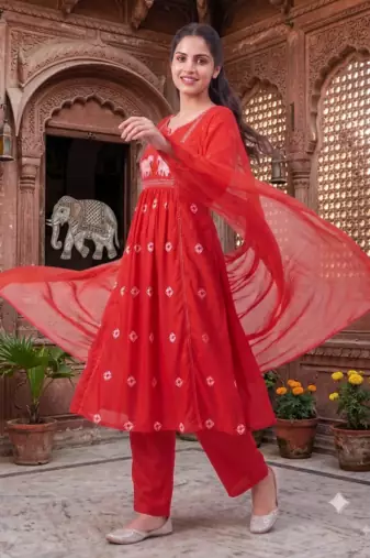 elephant embroidery bandhani kurti set with dupatta