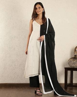 Black & white colorblock  chanderi suit set with dupatta 1