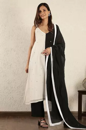 Black & white colorblock  chanderi suit set with dupatta