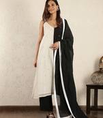 Black & white colorblock  chanderi suit set with dupatta