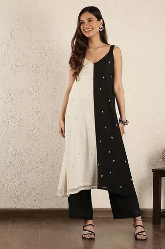 Black & white colorblock  chanderi suit set with dupatta