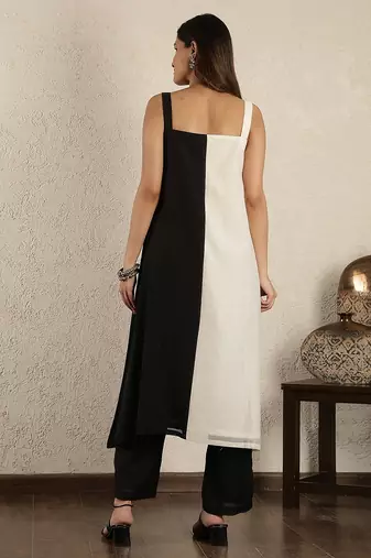 Black & white colorblock  chanderi suit set with dupatta