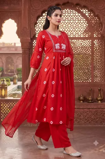 elephant embroidery bandhani kurti set with dupatta