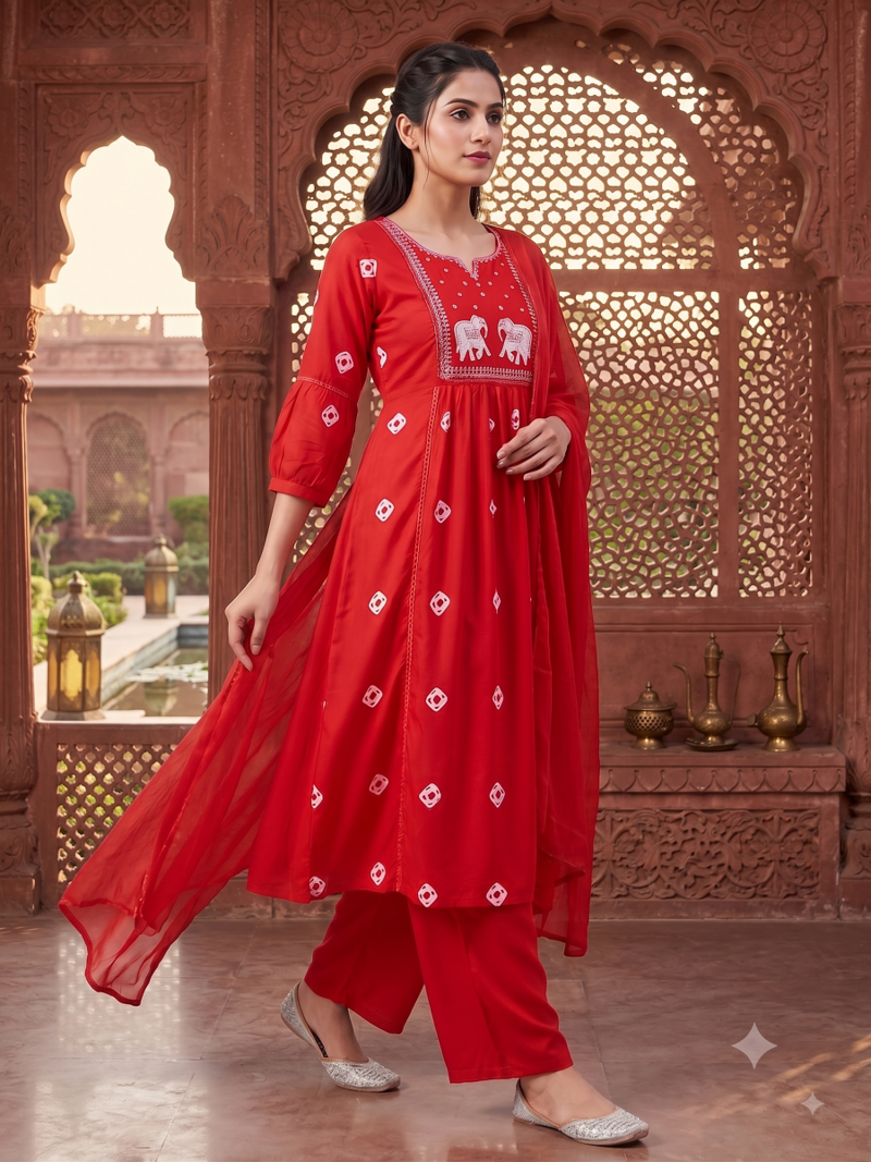 elephant embroidery bandhani kurti set with dupatta