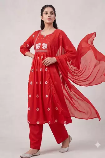 elephant embroidery bandhani kurti set with dupatta