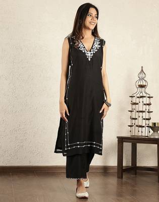 Black mirror work embroidered chanderi suit- set of 2 2