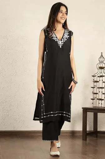 Black mirror work embroidered chanderi suit- set of 2