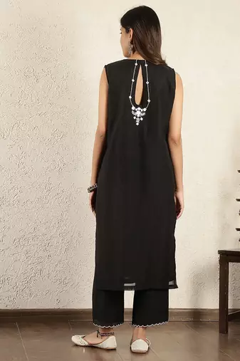 Black mirror work embroidered chanderi suit- set of 2