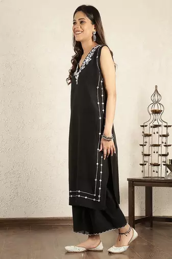 Black mirror work embroidered chanderi suit- set of 2