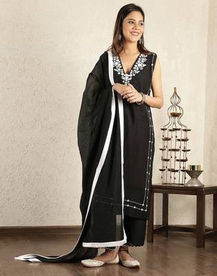 Black mirror work embroidered chanderi suit- set of 3 1