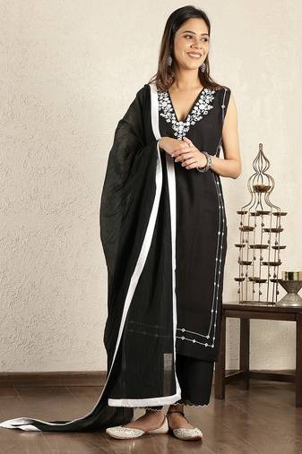 black mirror work embroidered chanderi suit- set of 3