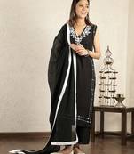 Black mirror work embroidered chanderi suit- set of 3