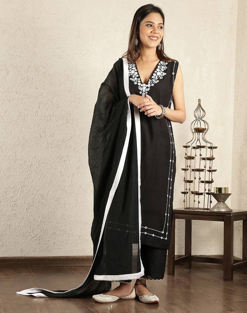 Black mirror work embroidered chanderi suit- set of 3