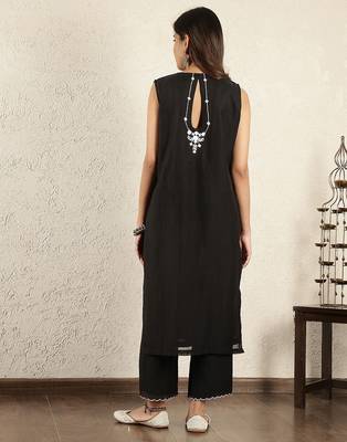 Black mirror work embroidered chanderi suit- set of 3 4