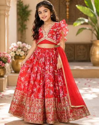 Red faux georgette with beautiful digital printed & sequins embroidered work lehenga choli for kids 1
