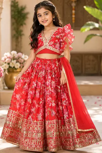 Red faux georgette with beautiful digital printed & sequins embroidered work lehenga choli for kids