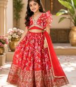 Red faux georgette with beautiful digital printed & sequins embroidered work lehenga choli for kids