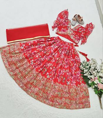 Red faux georgette with beautiful digital printed & sequins embroidered work lehenga choli for kids 2
