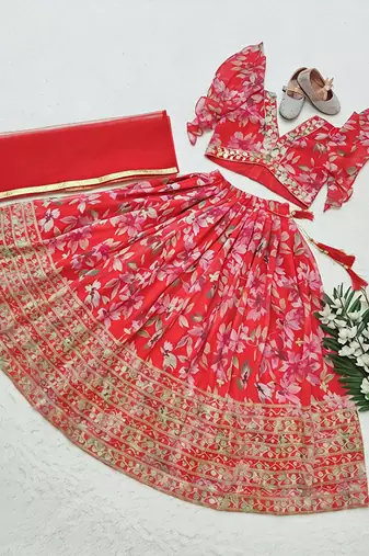 Red faux georgette with beautiful digital printed & sequins embroidered work lehenga choli for kids