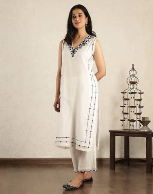 Off- white mirror work embroidered chanderi suit- set of 2 1