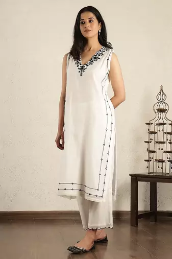 Off- white mirror work embroidered chanderi suit- set of 2