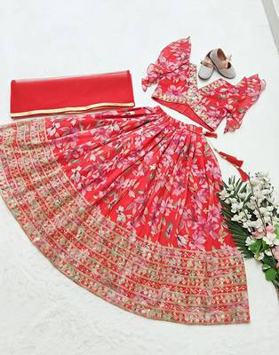 Red faux georgette with beautiful digital printed & sequins embroidered work lehenga choli for kids 3