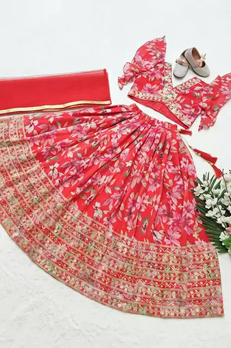 Red faux georgette with beautiful digital printed & sequins embroidered work lehenga choli for kids