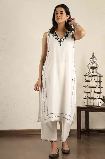 Off- white mirror work embroidered chanderi suit- set of 2