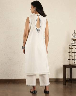 Off- white mirror work embroidered chanderi suit- set of 2 4
