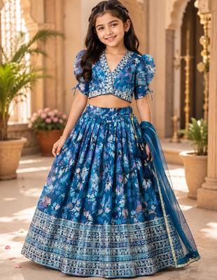 Teal faux georgette with beautiful digital printed & sequins embroidered work lehenga choli for kids 1