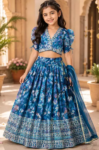 Teal faux georgette with beautiful digital printed & sequins embroidered work lehenga choli for kids