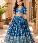 Teal faux georgette with beautiful digital printed & sequins embroidered work lehenga choli for kids