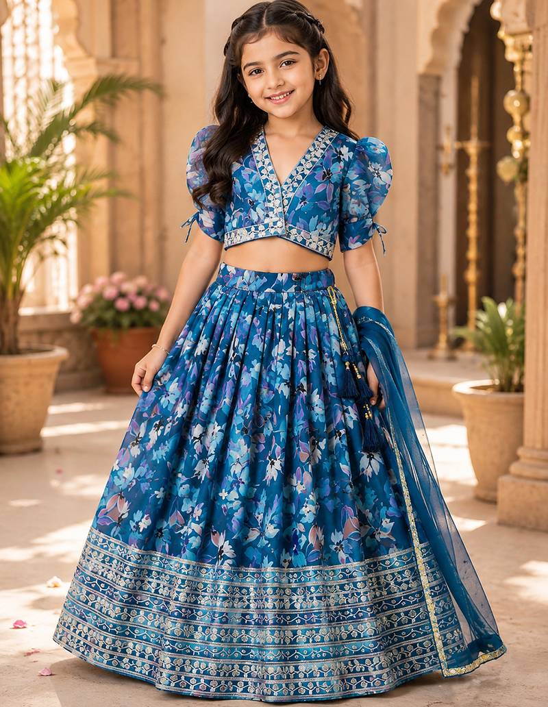 Teal faux georgette with beautiful digital printed & sequins embroidered work lehenga choli for kids